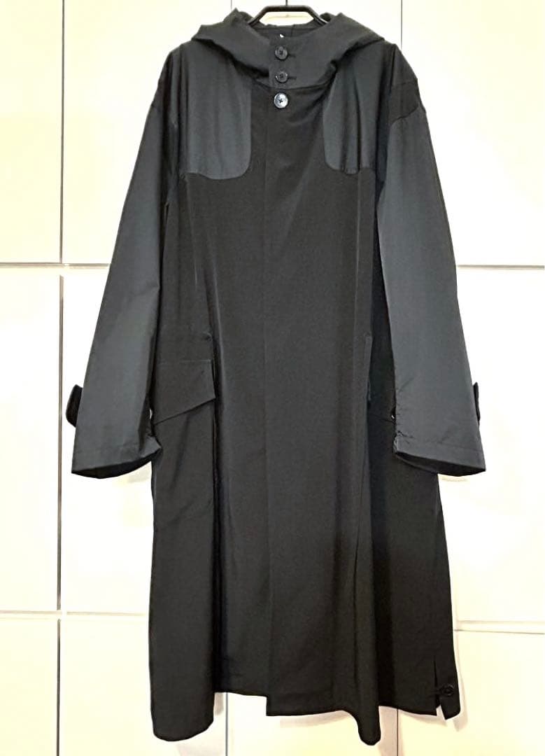 Ground Y （グラウンド ワイ） フード付きブラック ロングコート【美品】 Ground Y - グラウンドワイ】DOUBLE WEAVE MELTON UNRRIMMED HOODED