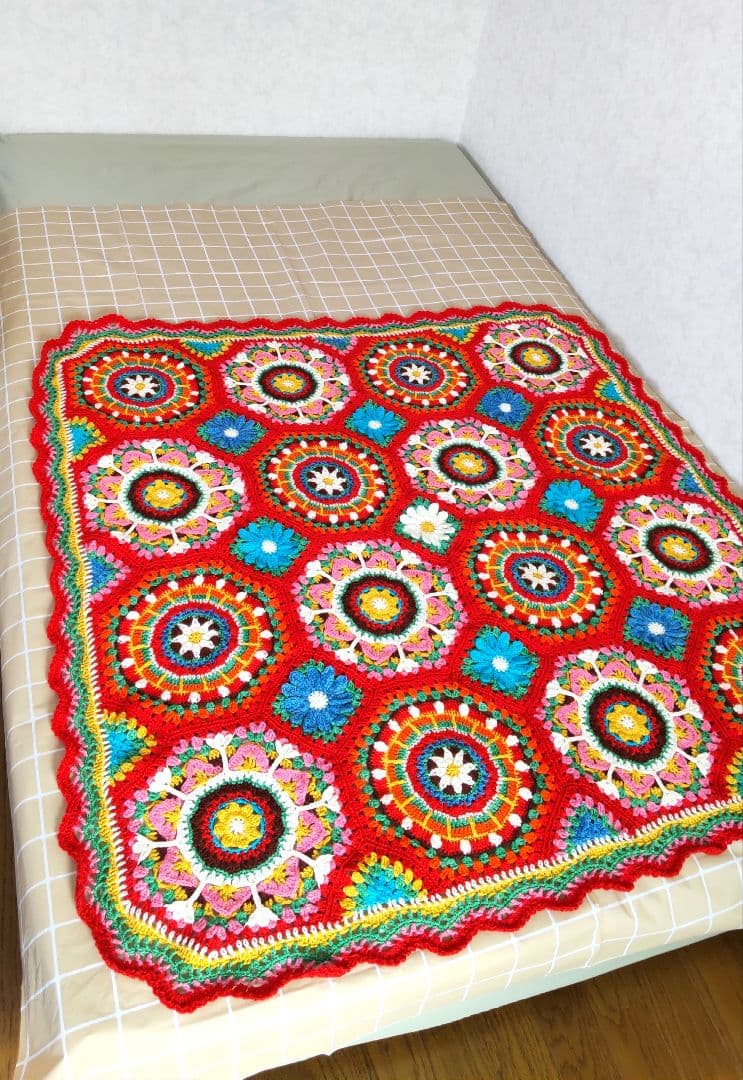 C426 手編みマルチカバー ブランケット モチーフ編み 大判 曼陀羅