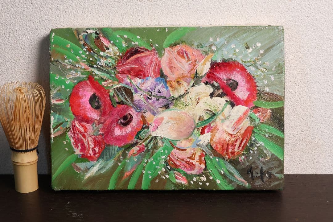 真作】中島裕子 油彩 SM号「ファンタジーの花々」額装 ポピー 薔薇