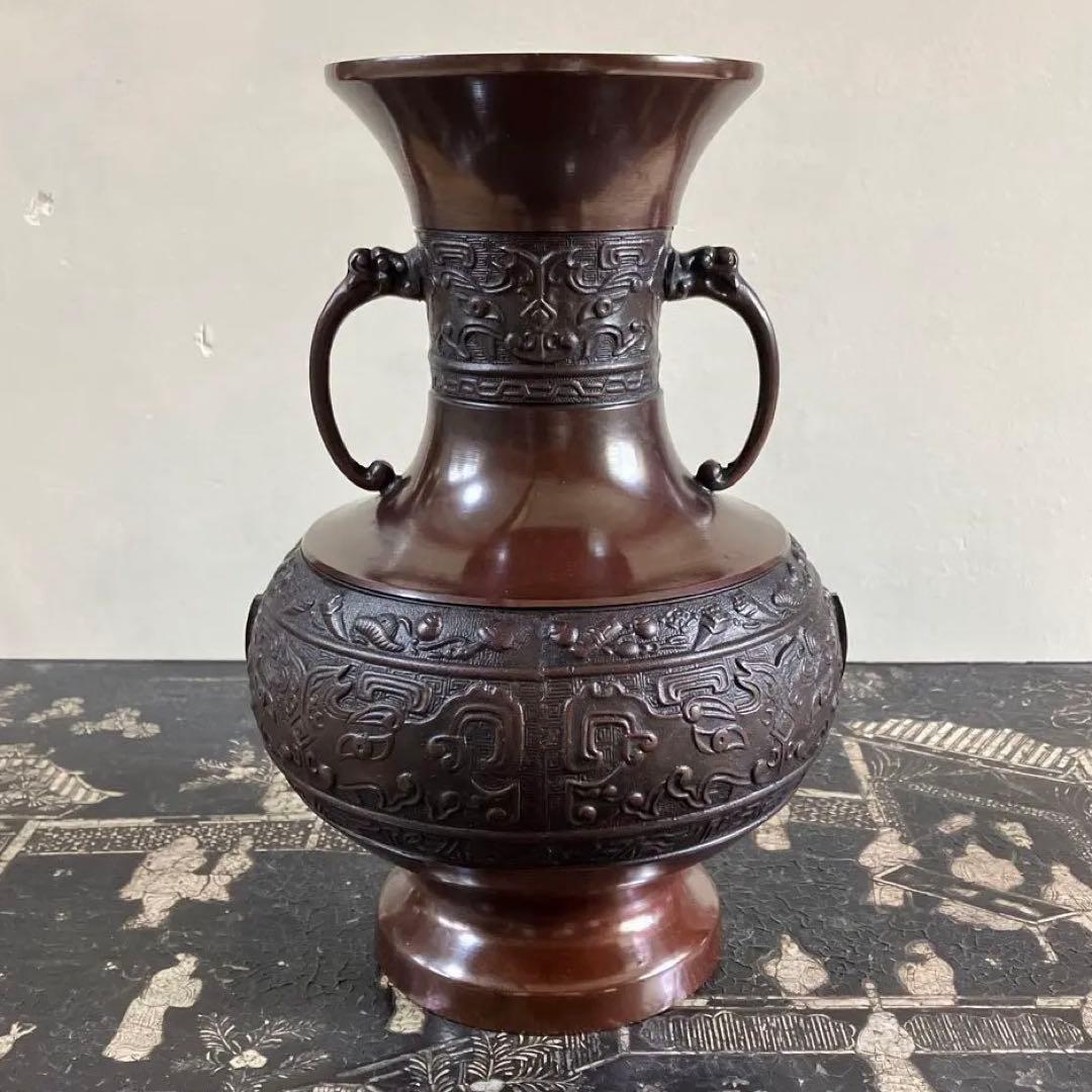 高岡銅器 鋳銅花瓶 銅製花瓶 花器 龍泉堂 天龍 耳付花瓶 骨董品 - メルカリ