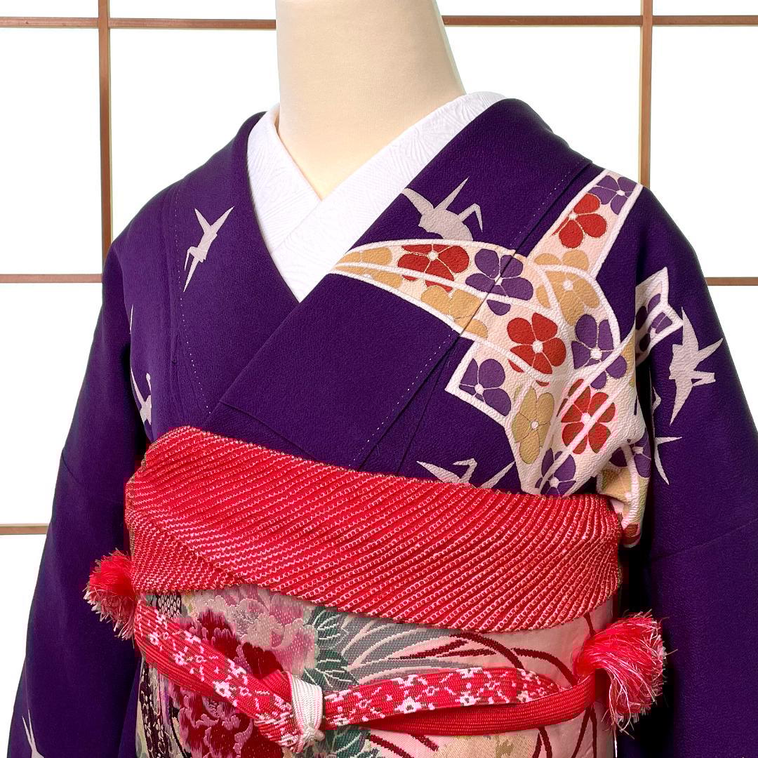 訪問着 一つ紋 正絹 ちりめん 金彩 折り鶴 紫 アンティーク着物 A-2722