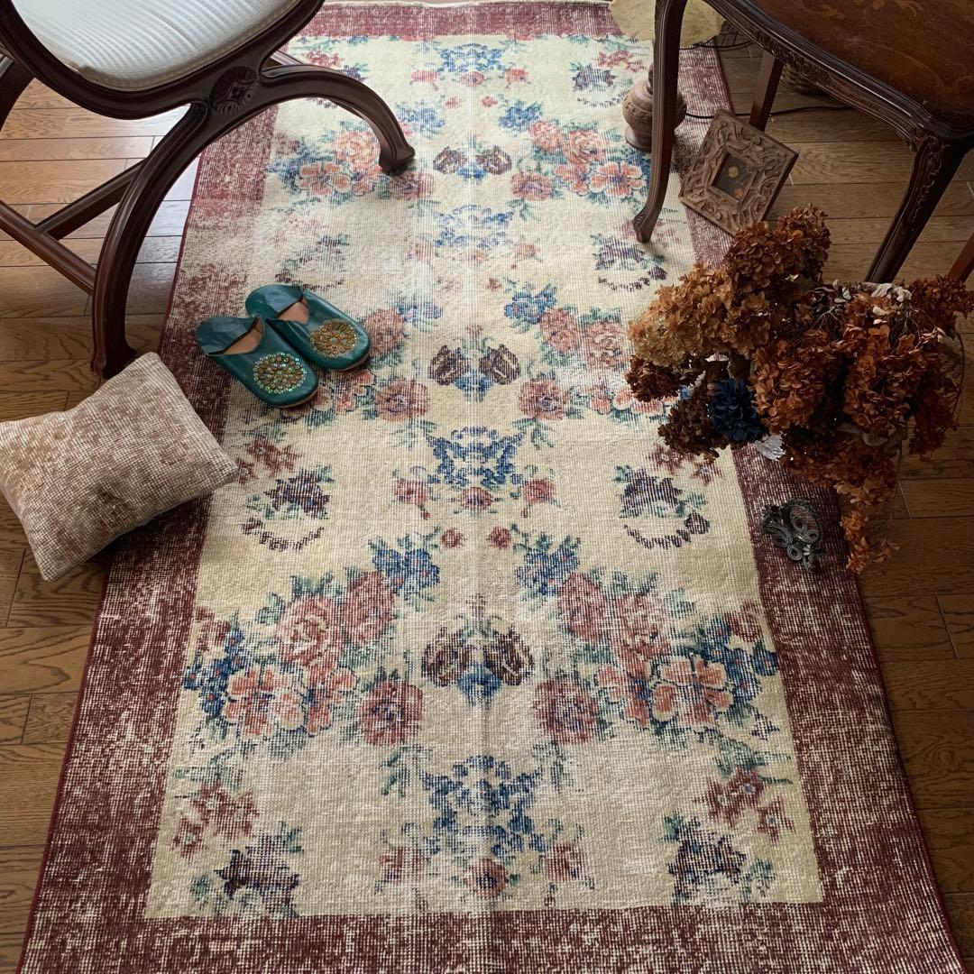 超大判 グレージュ256×172 ボタニカル トルコヴィンテージラグ