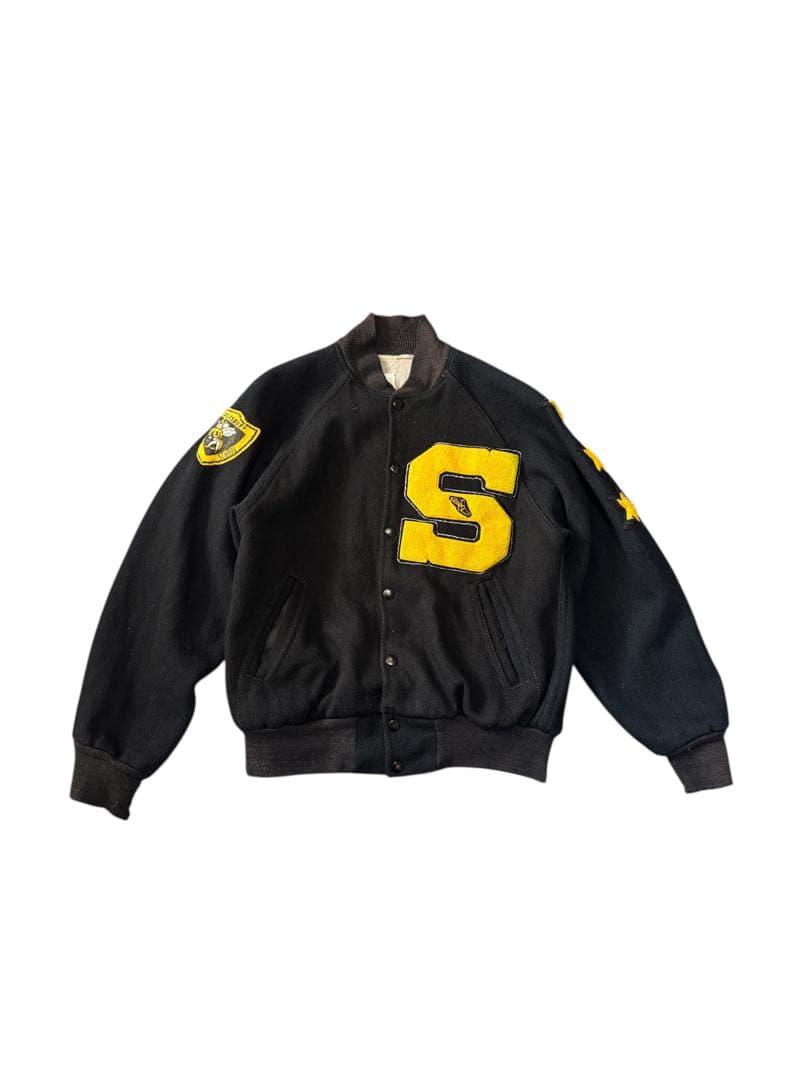 50s or 60s ウィングフット　希少ブラックウールスタジャン USA製 60s DEERFOOT Wool Long Varsity Jacket 黒黄 40 ロング