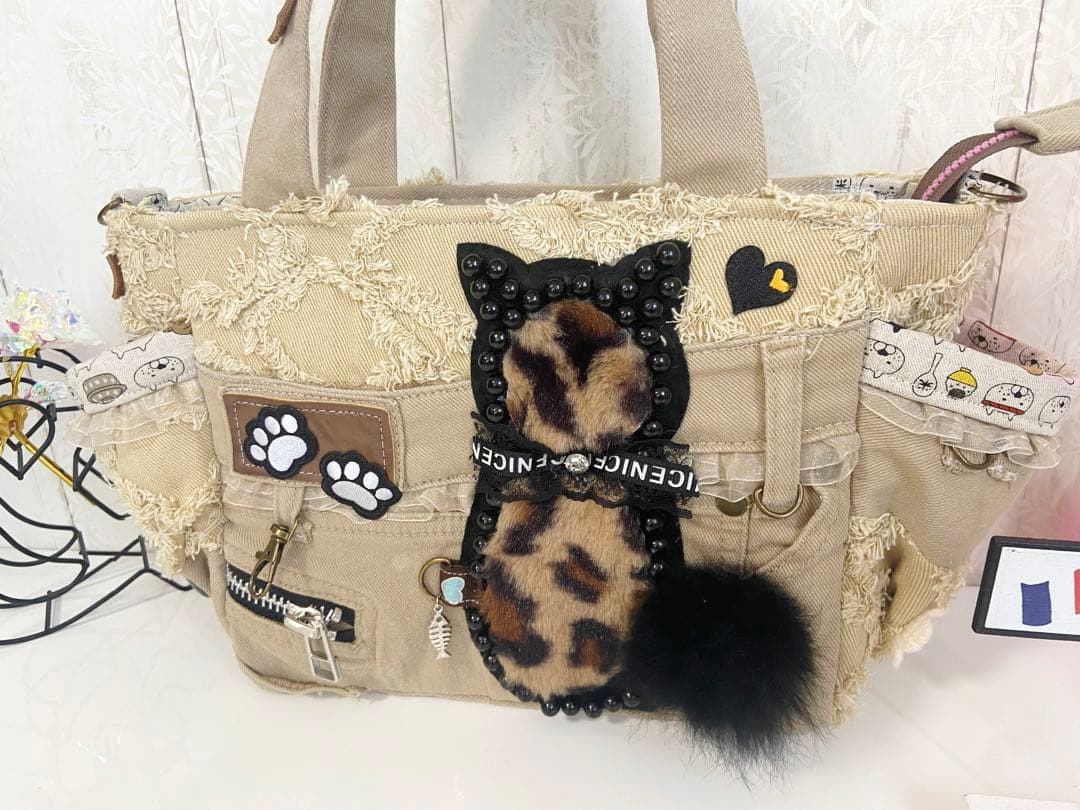 デニムリメイクバックS 茶フリンジ猫