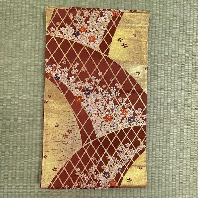 袋帯 正絹 金地 赤地 桜文様 格子取り フォーマル 六通 0224-17-B1