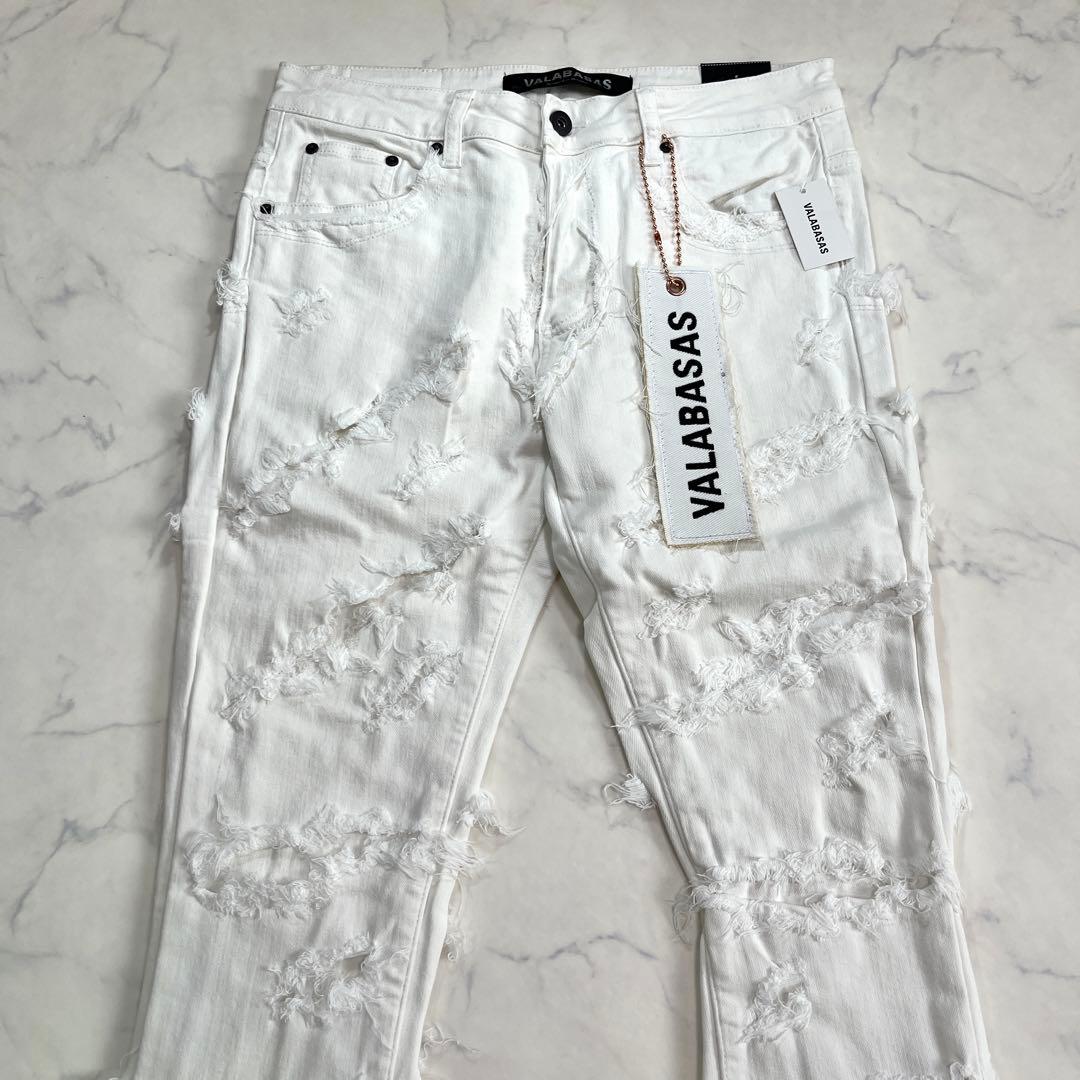 新品 VALABASASバラバサス ハードクラッシュ フレアホワイトデニム 30