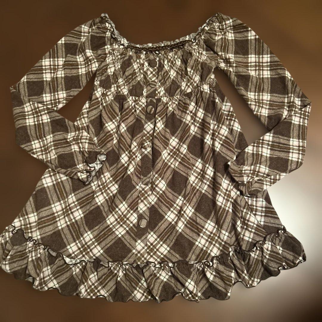 00s 希少 LIZLISA✨（リズリサ）茶色チェック オフショルワンピース