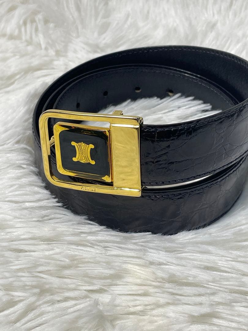 CELINE 本革 クロコ型押し レザーベルト 黒 ゴールドバックル