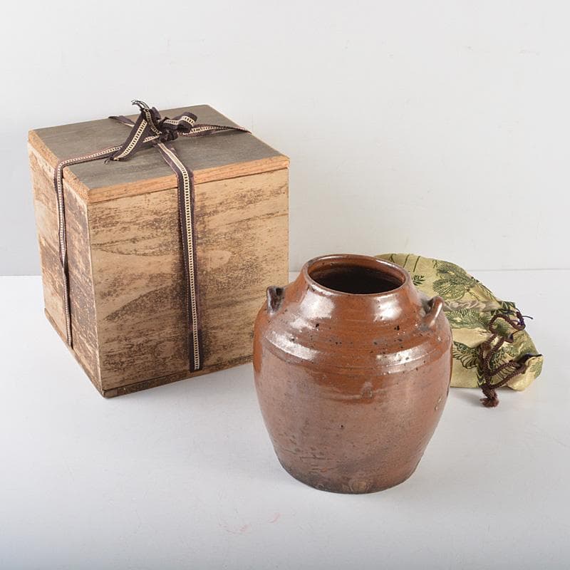 瀬戸焼　美濃焼　古瀬戸　柿釉　双耳花入　小壷　鉄漿壷　時代箱付　V　R5187 褐釉巴文四耳壺 文化遺産オンライン