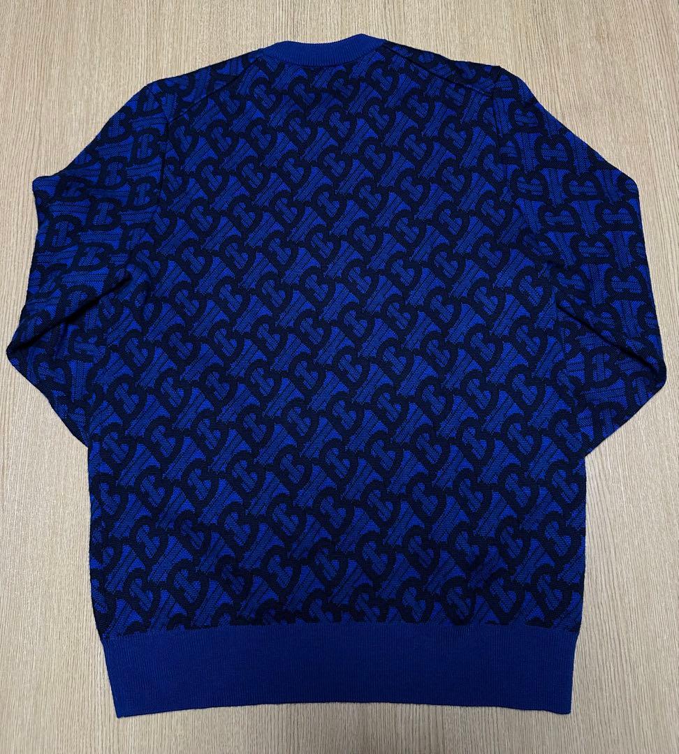 美品 BURBERRY ニット バーバリー セーター M TBロゴ 総柄 ブルー