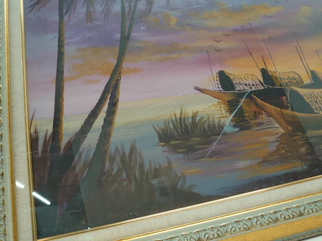 ミャンマー 有名画家 Soe Aung 漁船と夕日 絵画 - メルカリ