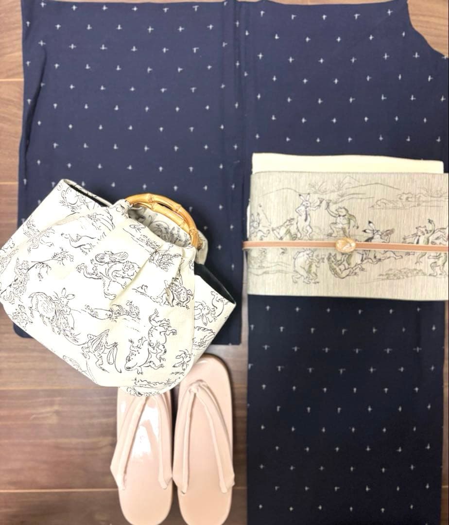 和装バック 着物バック和柄コットン生地・鳥獣戯画（アイボリー）入学