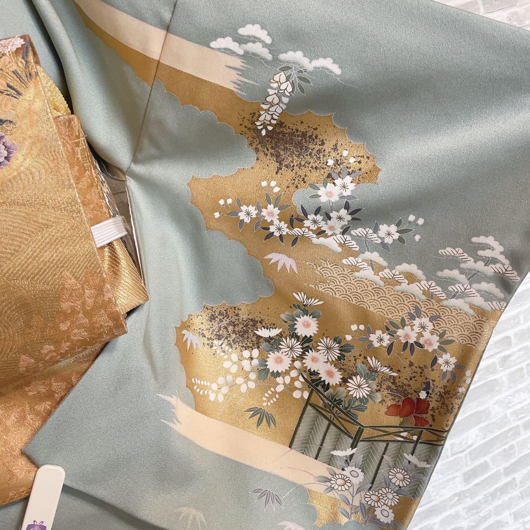 訪問着 フルセット 御所車 橘 金彩加工 落款 着物 風景画 H2