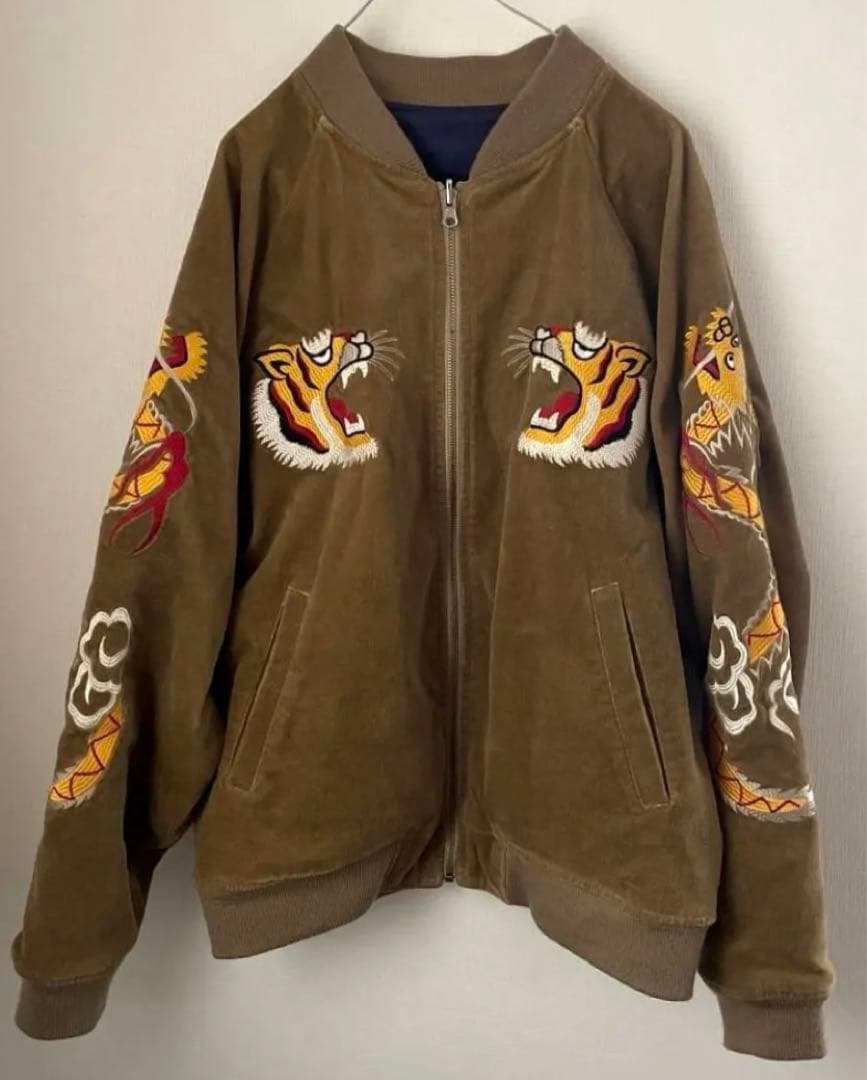 ☆AVIREX スカジャン リバーシブル 別珍 虎龍鷹 刺繍 ベージュMA-1