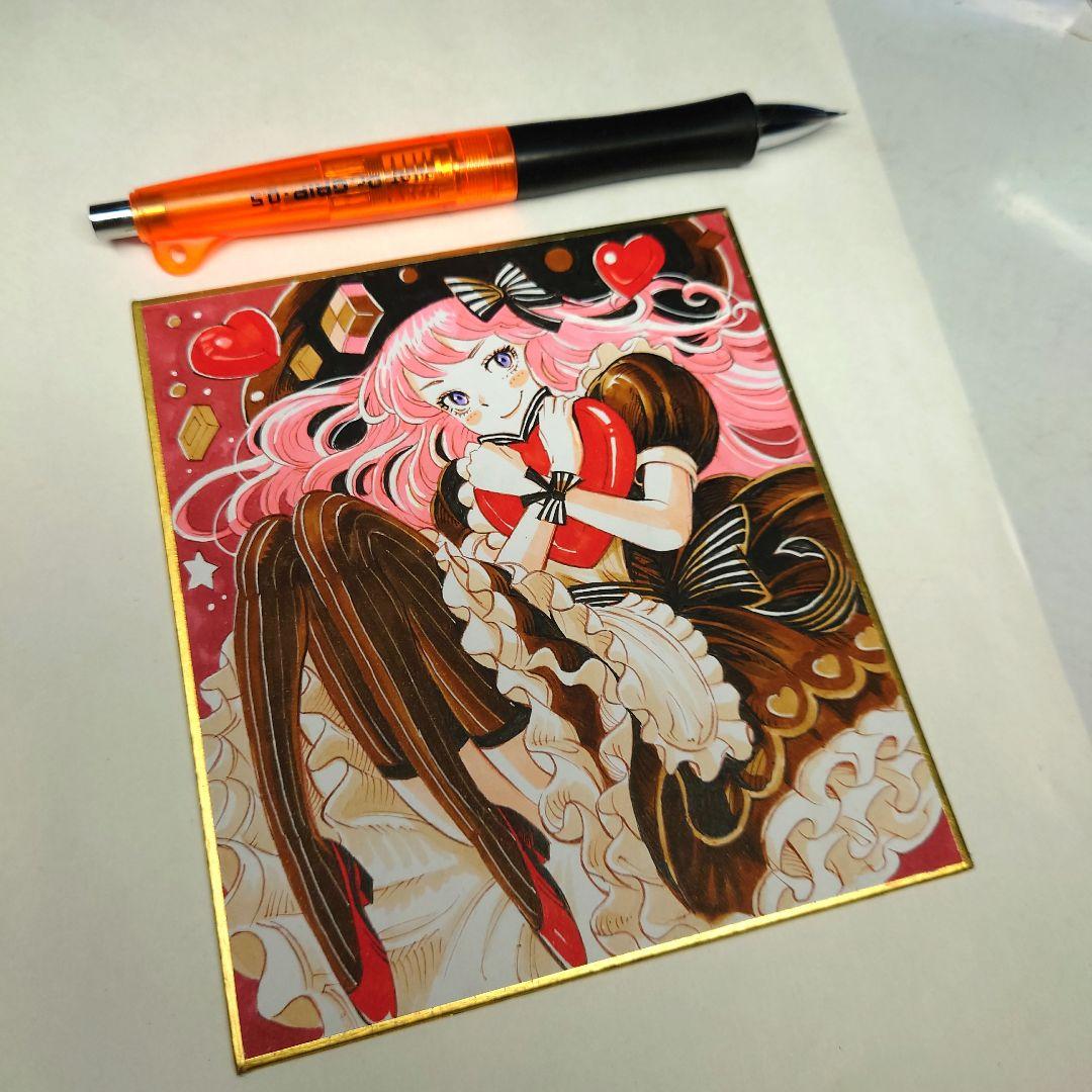 手描きイラスト 054】オリジナル原画色紙 コピック「苺チョコレートの
