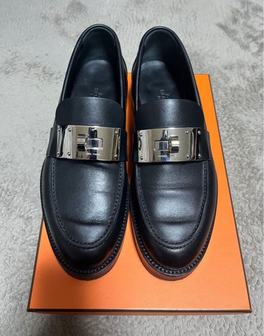 エルメス モカシン ホット 黒 ローファー ケリーバックル シルバー 美