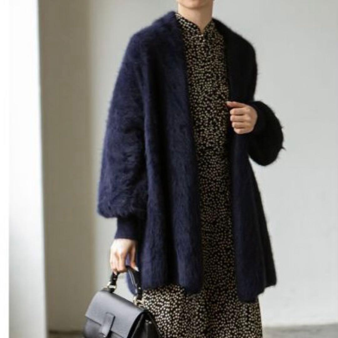 NOBLE ノーブル ファーニットパフカーディガン ネイビー - メルカリ