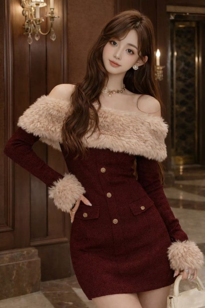 elオフショル ファー ワンピース miu系穿搭 韓国 ワンホン 量産型