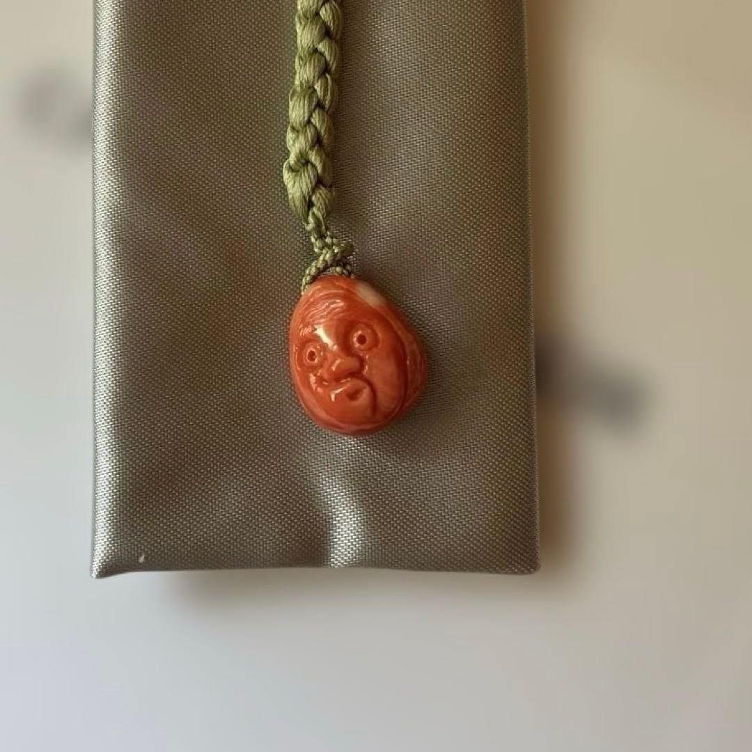 谷口康隆 珊瑚 根付 おかめ ひょっとこ 両面彫チャーム ストラップ