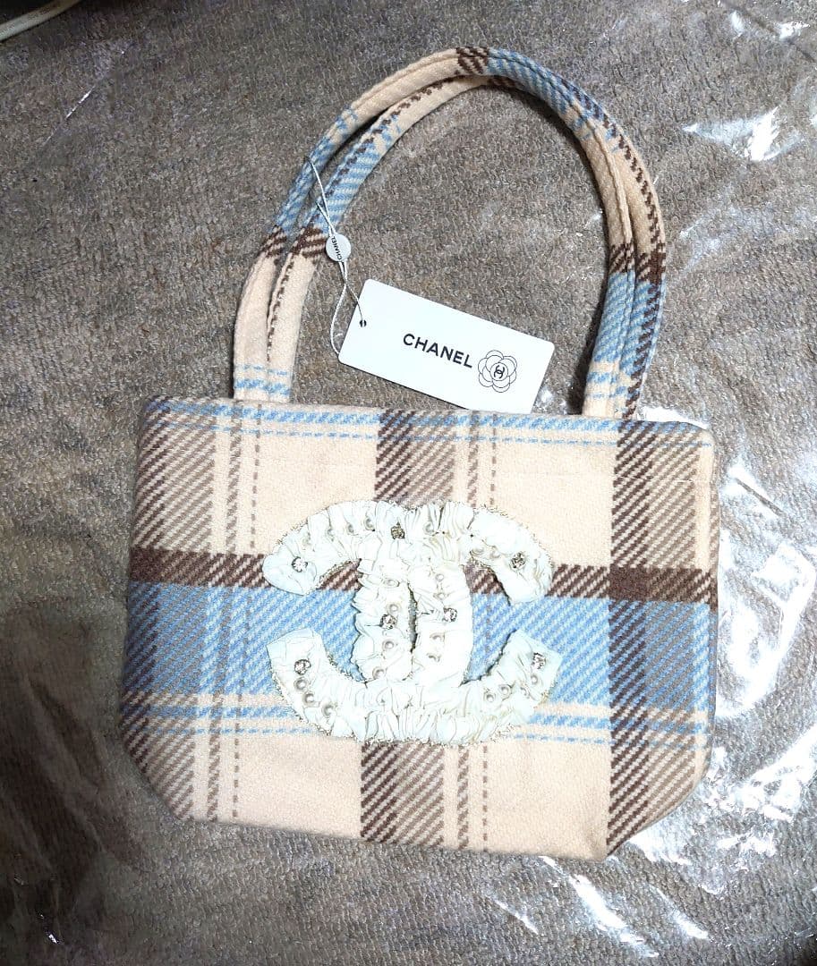 CHANEL チェック柄トートバッグ シフォン 水色 - メルカリ