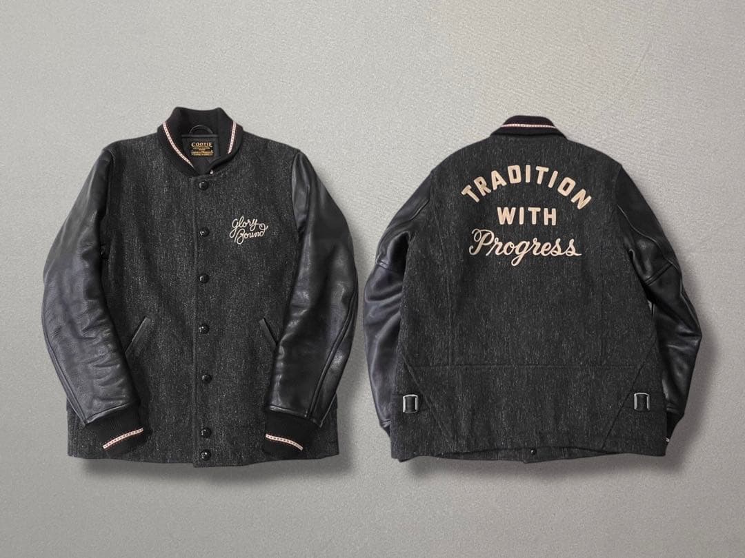 人気【COOTIE】ウール×袖レザー チェーン刺繍 スタジャン ジャケット