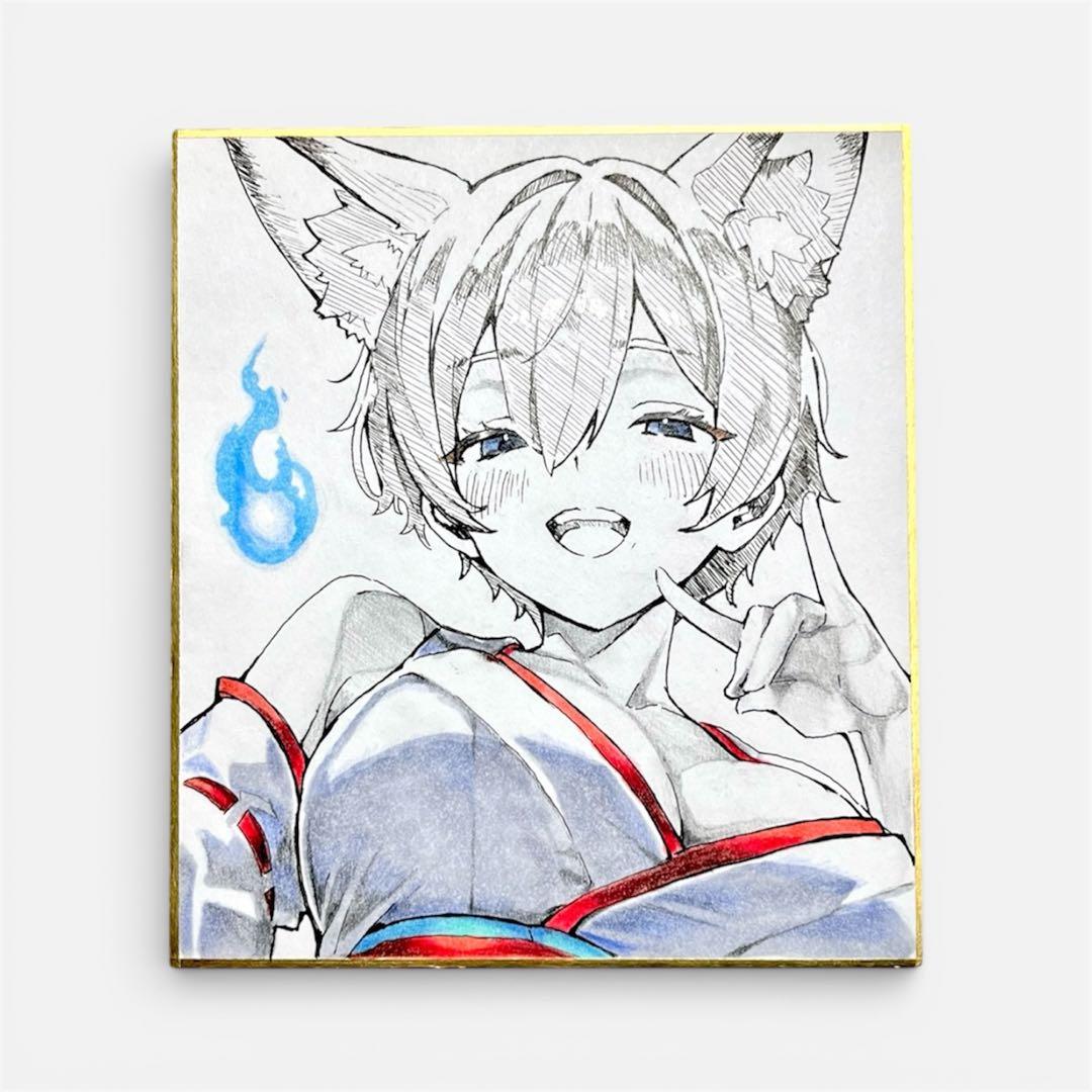 ミニ色紙】妖狐のお姉さん/アナログ/イラスト/オリジナル/ケモ耳/巫女