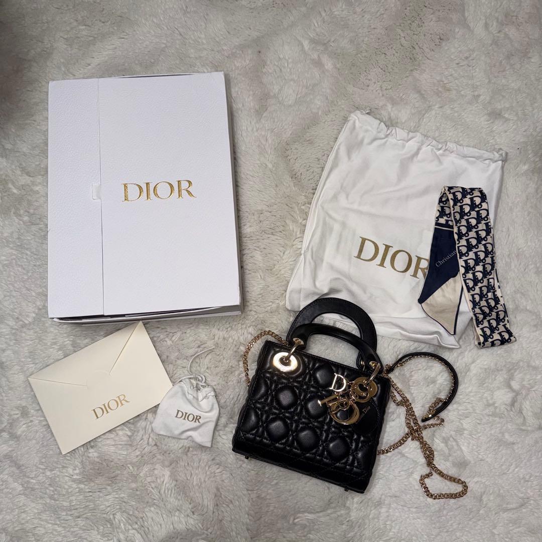 美品Dior レディディオール ミニ ブラック×ゴールド 箱・巾着