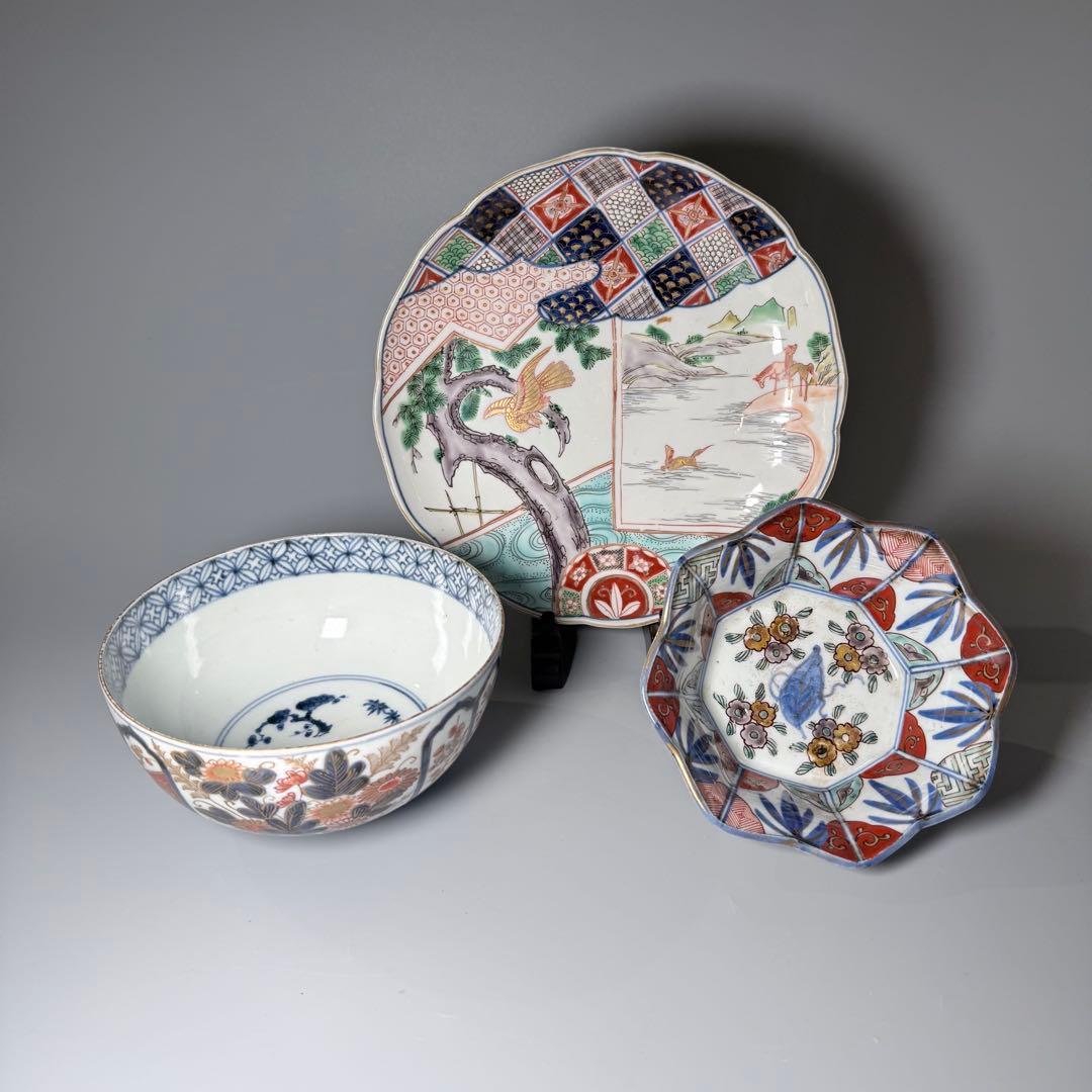 古伊万里 染錦輪花形七寸皿 変形八角向付 草花文丼 江戸期〜明治 古陶
