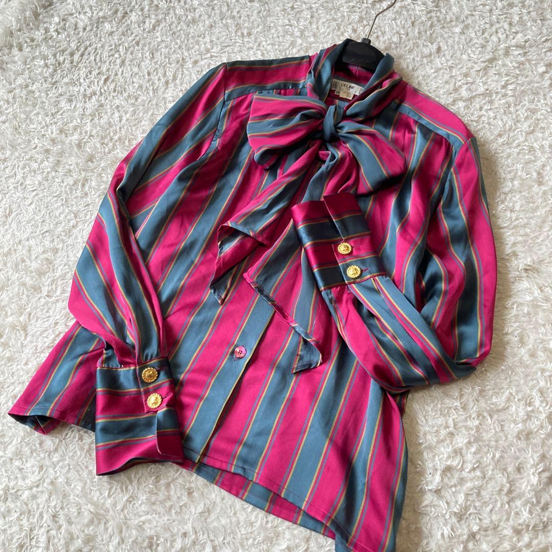希少✨シルク100%セリーヌ　トリンオンフ金ボタン　ボウタイストライプ柄ブラウス 楽天市場】【セリーヌ】Celine シルク ボウタイ フリル パフスリーブ