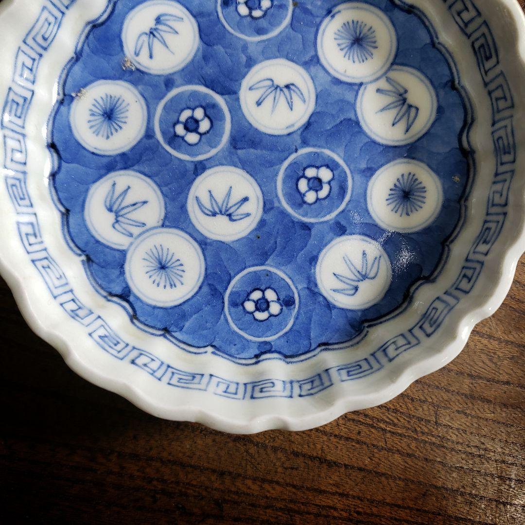 小皿 染付 花弁縁 丸窓 松竹梅 縁文 雷文 訳あり 明治 大正 古伊万里