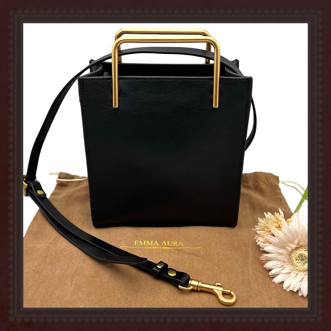 美品】 EMMAAURA 2way ショルダーバック 黒 エマオーラ ゴールド