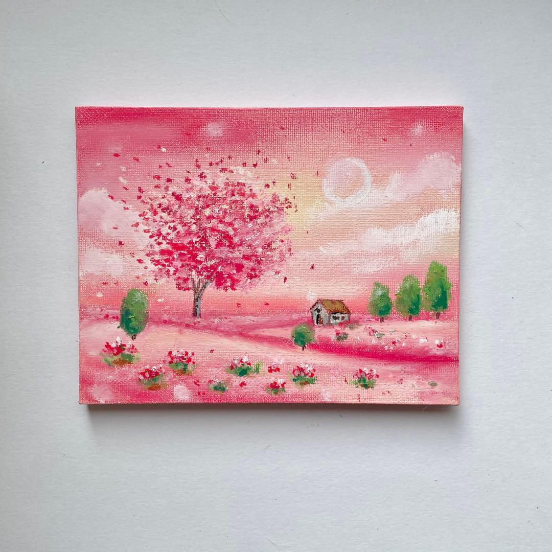 オイルパステル画 アクリル画 いちご色の風景No.6 キャンバスボード ご