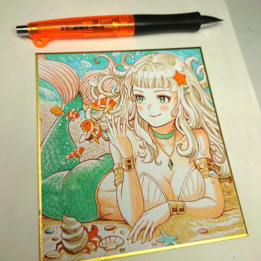 手描きイラスト 065】オリジナル原画色紙 コピック「人魚姫と虹色の海