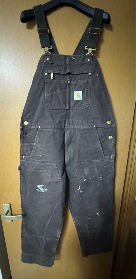 Carhartt ダークブラウン オーバーオール ペンキ 36×30 ダブルニー 古着 Carhartt 防寒 パデット ペンキ ダーク ブラウン ダック Wニー