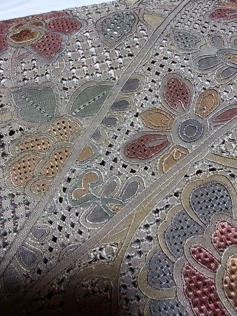 未使用品 高級 袋帯 正絹 六通柄 汕頭刺繍 蘇州刺繍 グリーン カラー芯