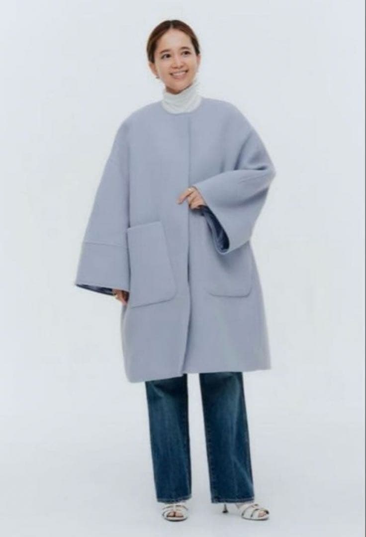 yori ウールノーカラーコート サックス - メルカリ