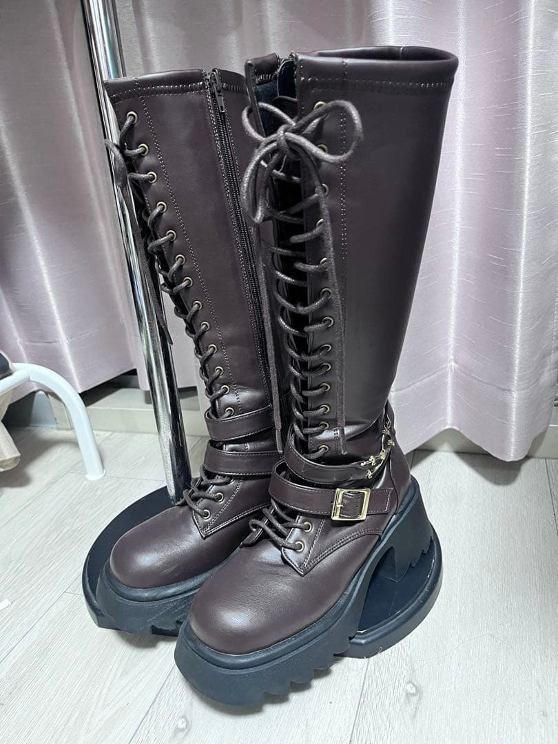 idemブラウンレースアップロングブーツ 厚底レースアップロングブーツ