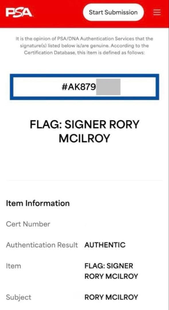 ローリー・マキロイ グランドスライム達成マスターズ優勝 直筆サイン