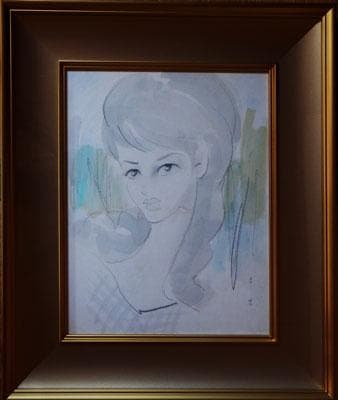 東郷青児　婦人像　水彩画　6号　額装　右下にサイン　東郷青児鑑定委員会証 東郷青児 婦人像 水彩画 6号 額装 右下にサイン 東郷青児鑑定委員会証