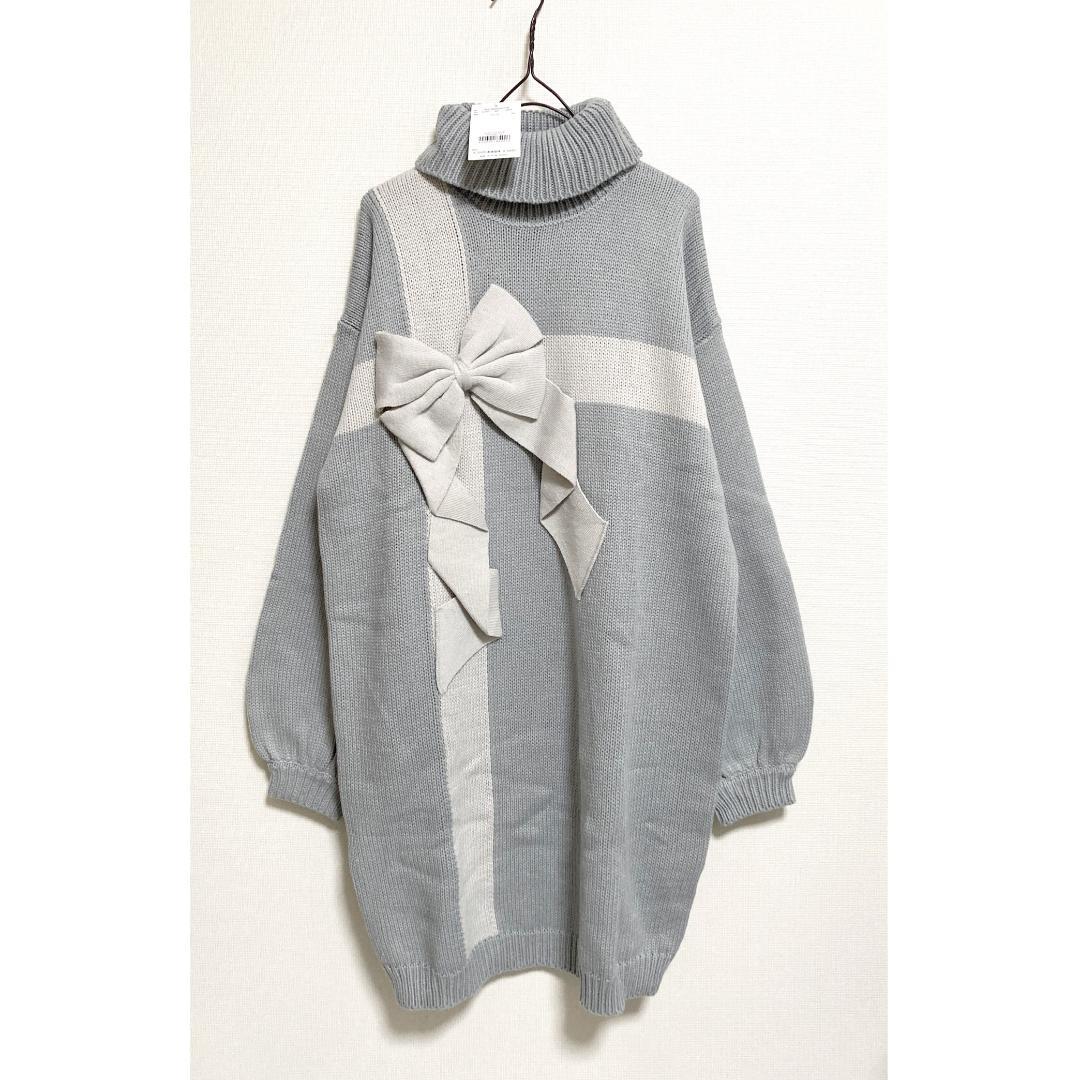 merry jenny 新品 ブルー プレゼントリボンタートルニットワンピース