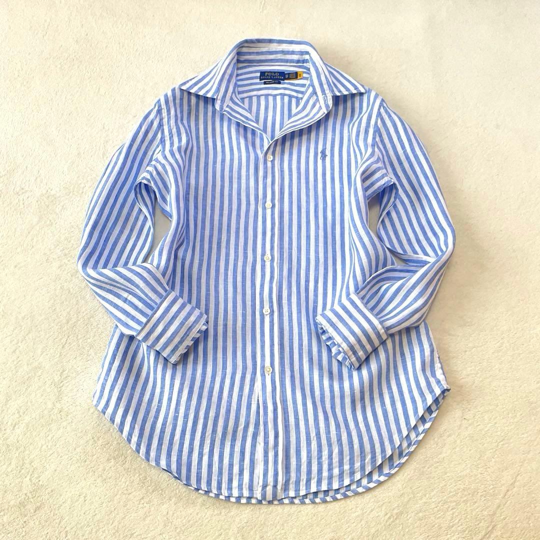 美品】ポロラルフローレン リネン ストライプ シャツ 現行 ポニー刺繍