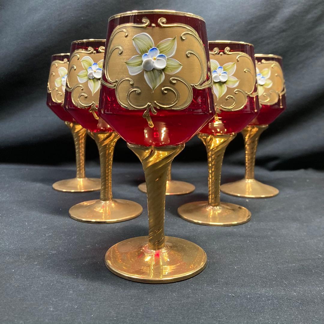 美品】ボヘミアングラス デキャンタ ワイングラス6個 レッド 金彩