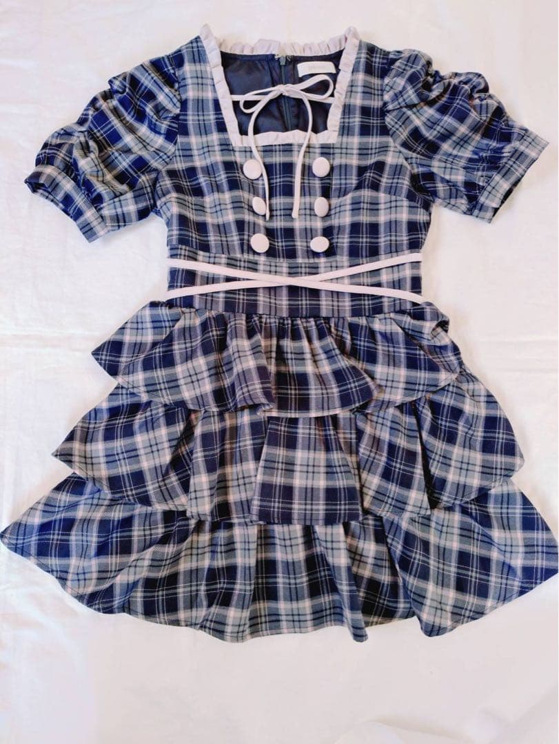 pium クロスベルト半袖 ティアードミニワンピース ネイビー - メルカリ