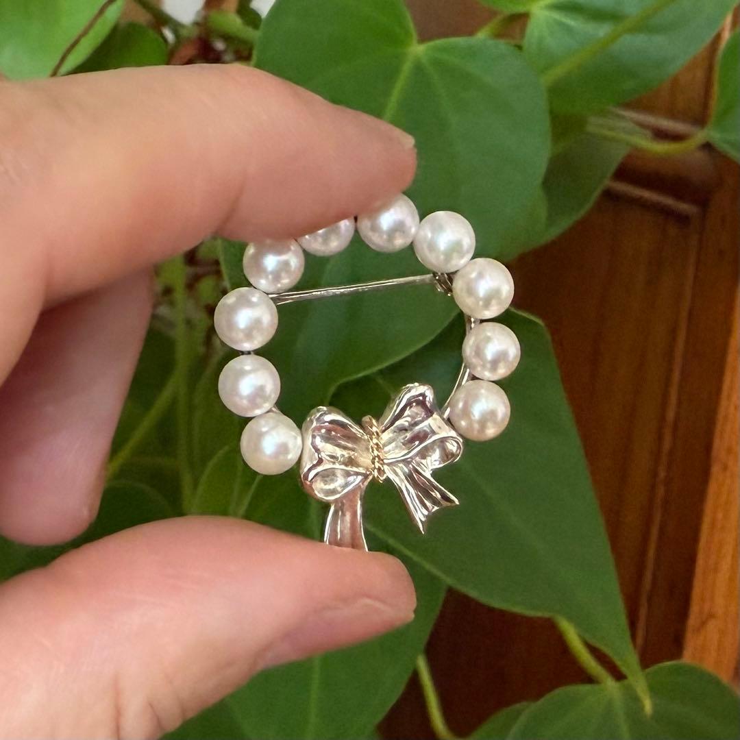 ティファニー925/750アコヤパールリボンリースブローチ 共箱付き