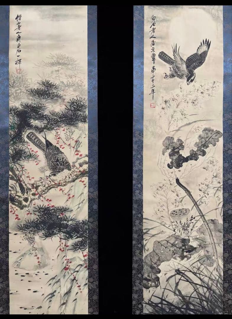 掛け軸 齊白石《鷹》四条屏｜水墨画・実物撮影