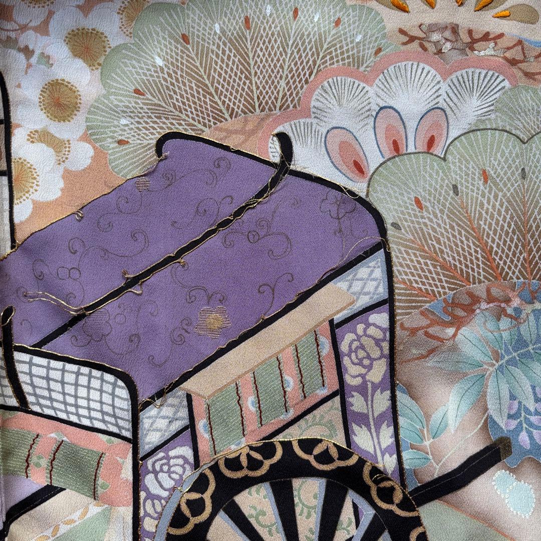 アンティーク振袖 薄紫 おしどり御所車文様ヴィンテージ正絹淡色