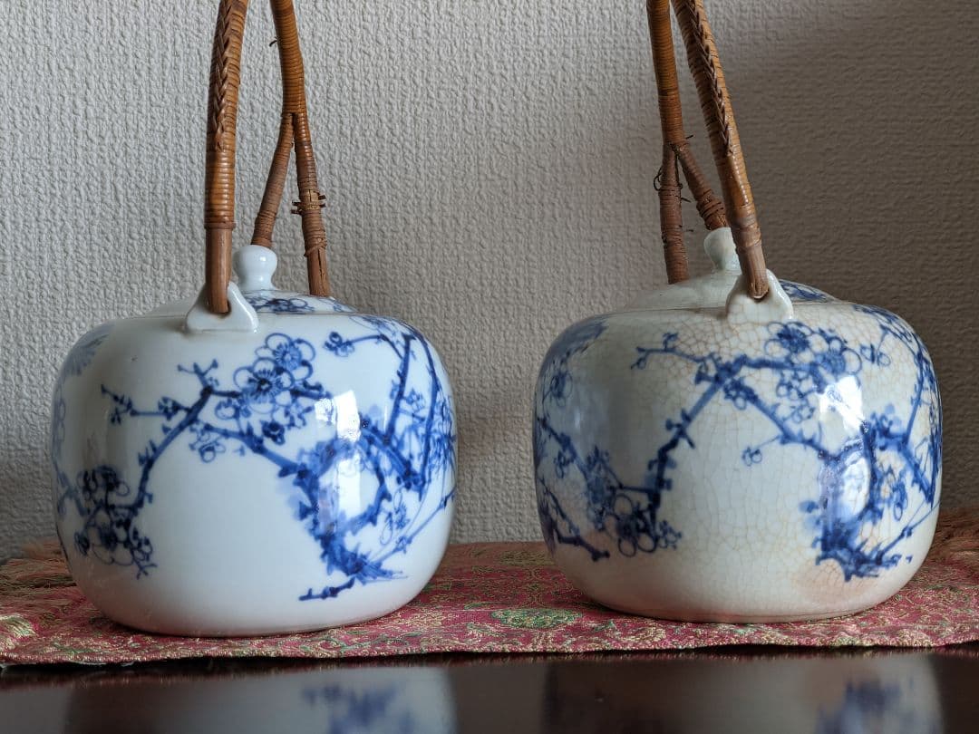 ⭐染付 松葉梅花文様 銚子1対 京焼 真葛焼 宮川香齋作 明治時代の骨董