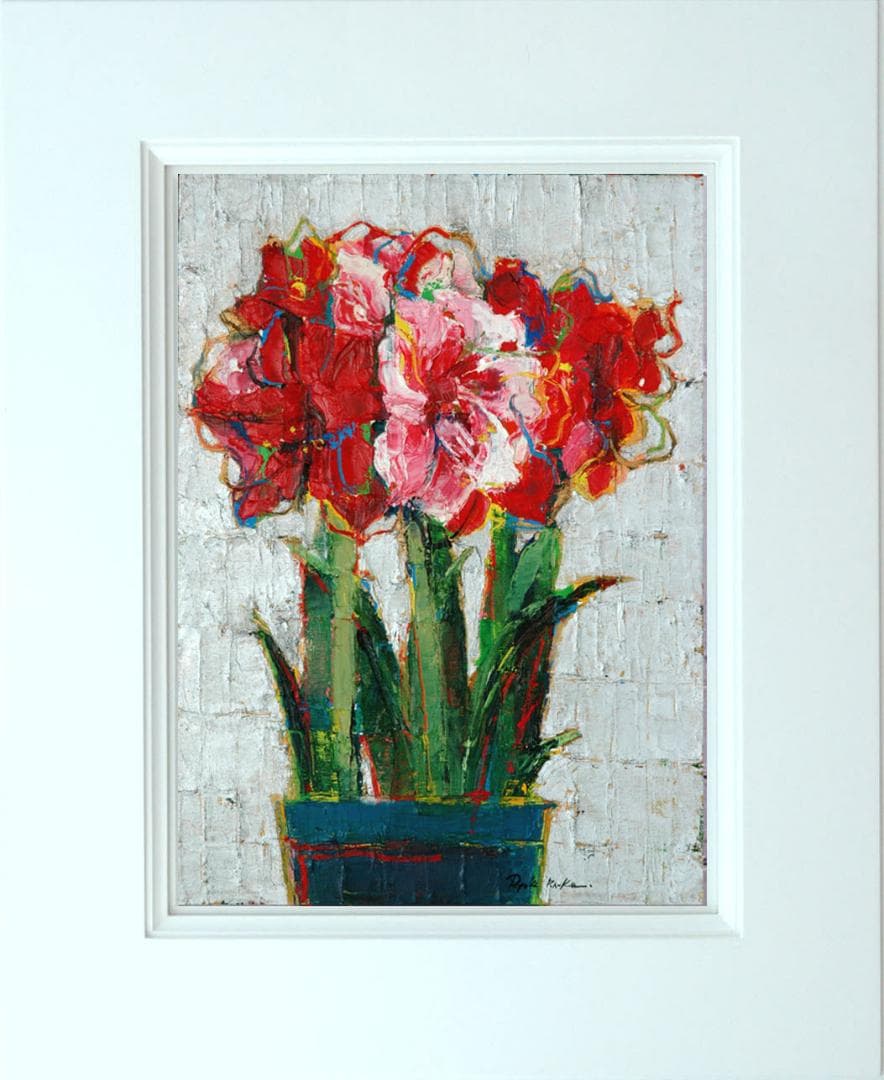 油絵 菅家令子 絵 絵画インテリア額付( 青緑＋金色の枠)uF6-111002花