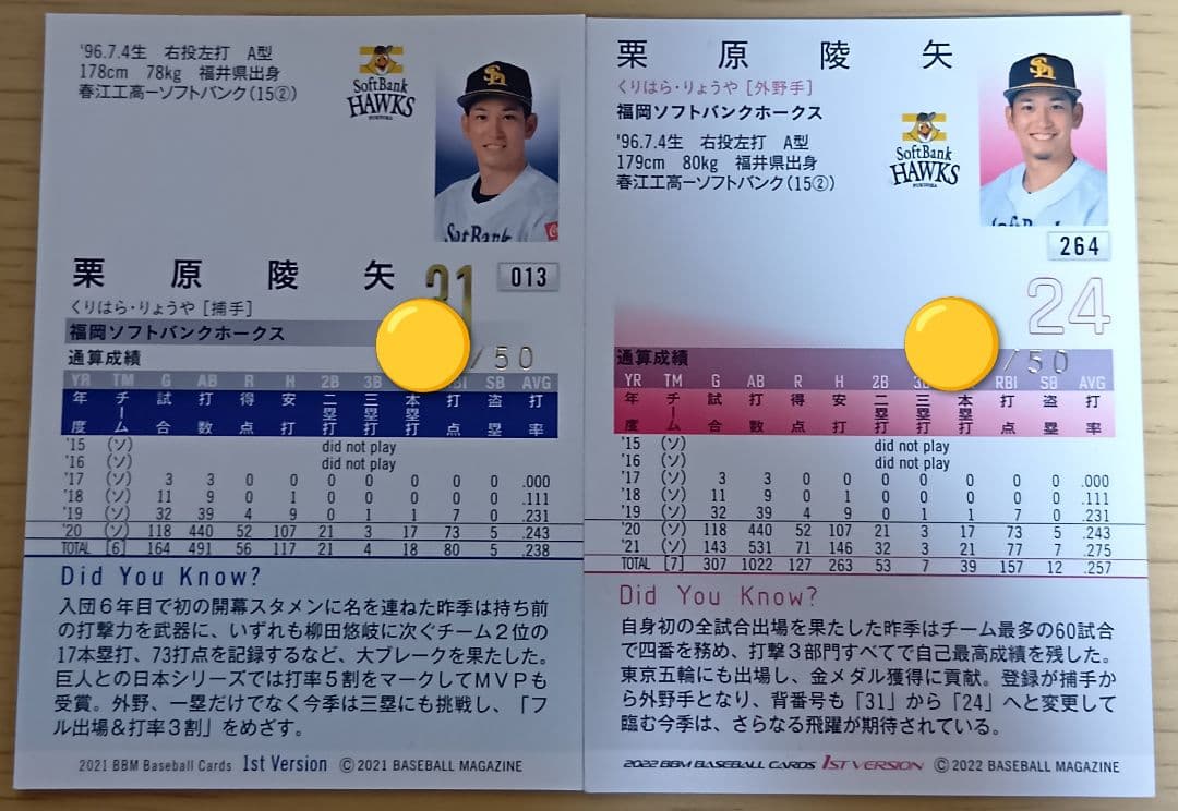 BBM 福岡ソフトバンクホークス 栗原陵矢選手 ホロ箔サインカード 2枚