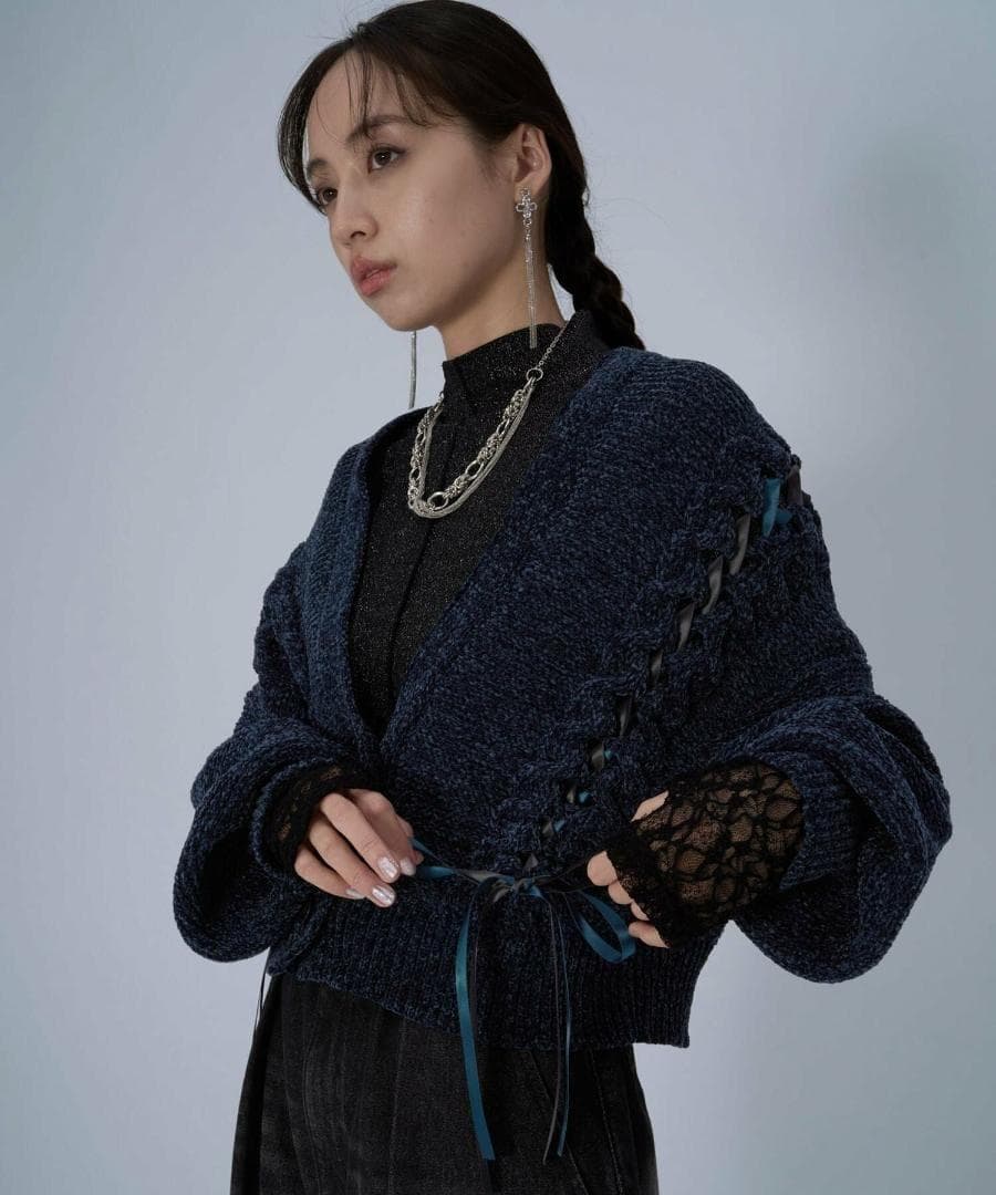 即完売品 新作 新品 HARE モールレースアップカーディガン ブルー